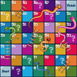 colourful squares with snakes and ladders leading off certain tiles