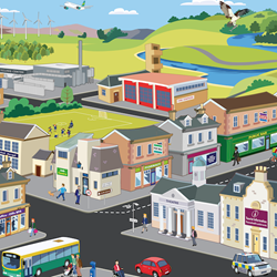 an illustration of a small town with various buildings, vehicles and peoples along the streets