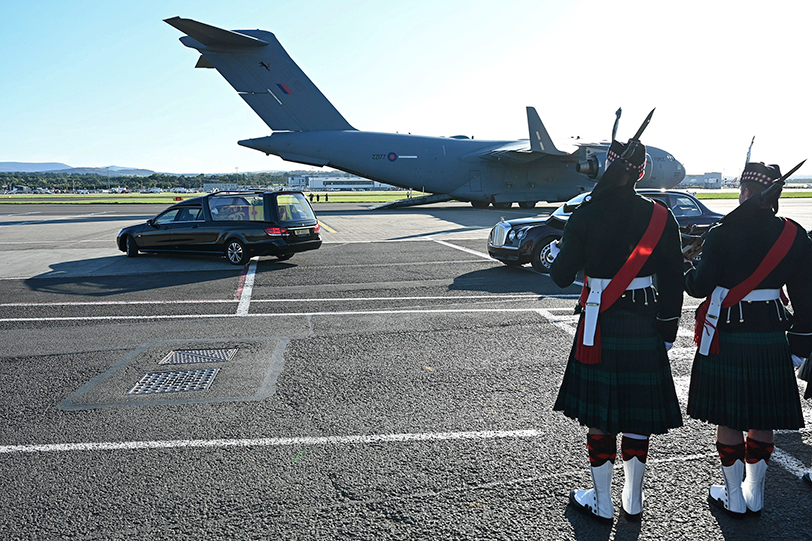 Her Majesty The Queen's coffin leaves Scotland from Edinburgh Airport  