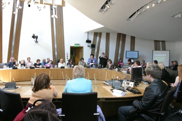a committee room with people sat in seats and wheelchairs