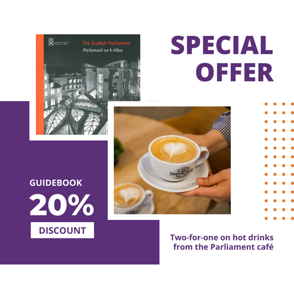 Special offer - guidebook 20% discount and two-for-one on hot drinks at the cafe