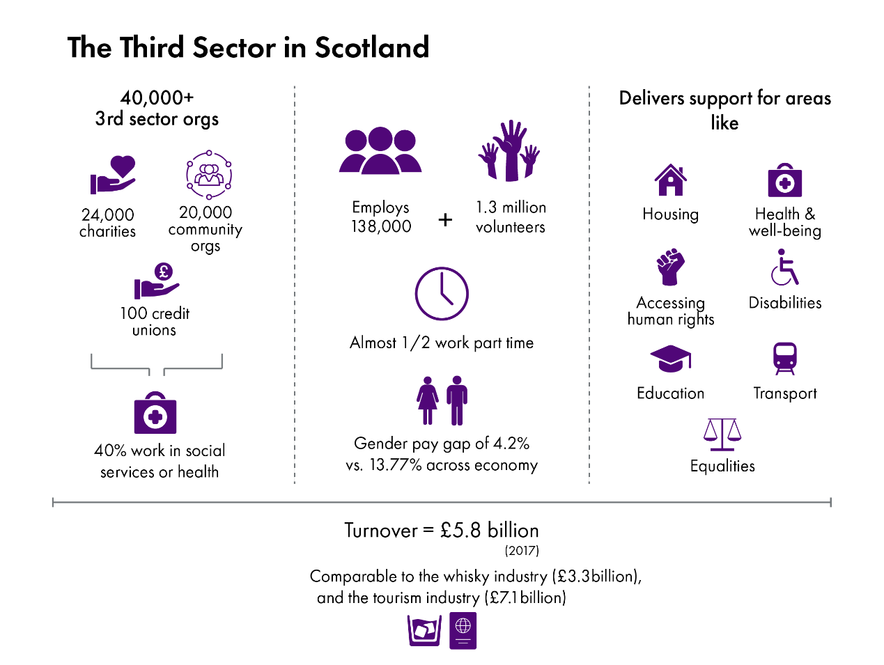 A graphic showing the content of the following paragraphs: sectors supported by the third sector and the budget and turnover