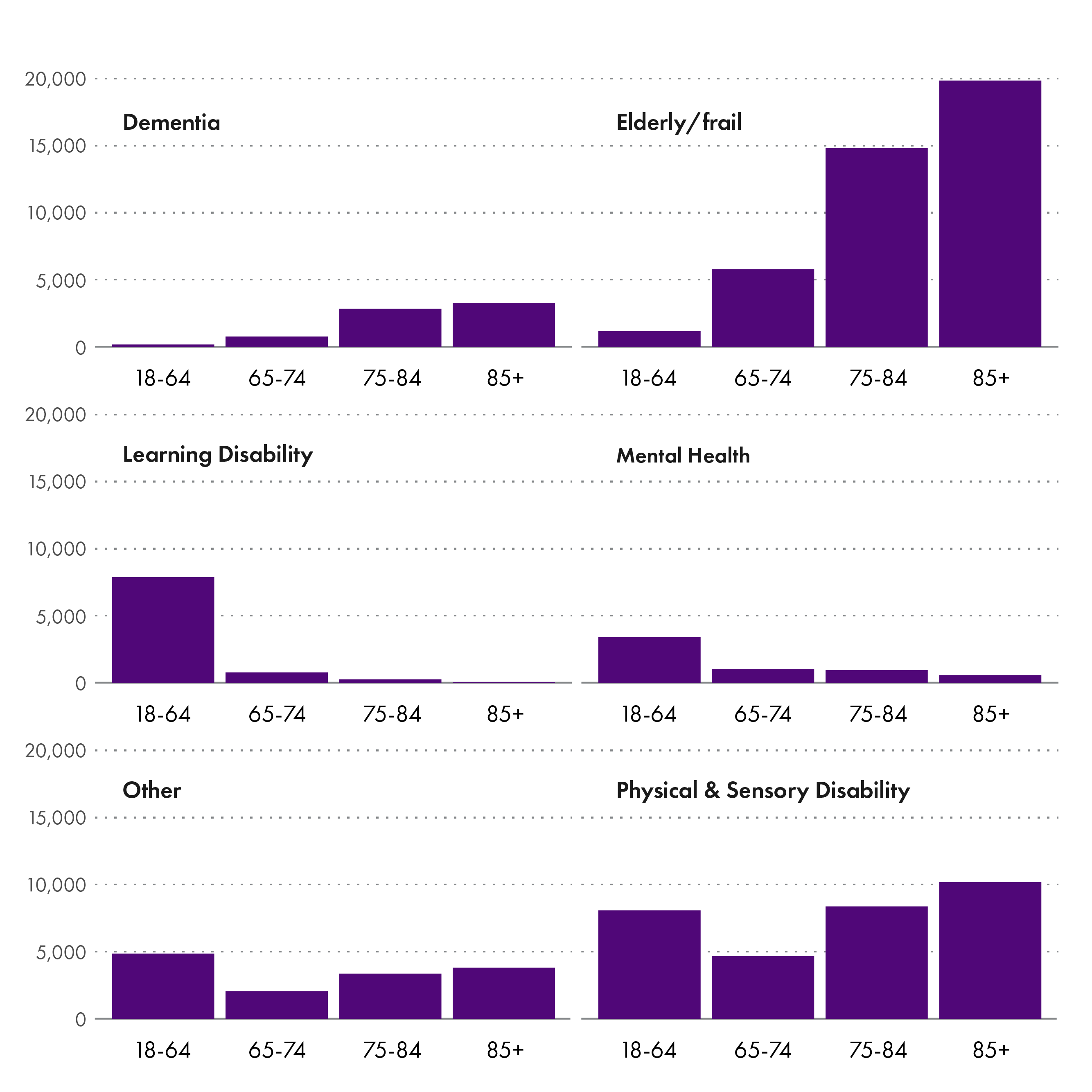 The charts above show us how many people, in different age groups and with different conditions, are receiving care and support.