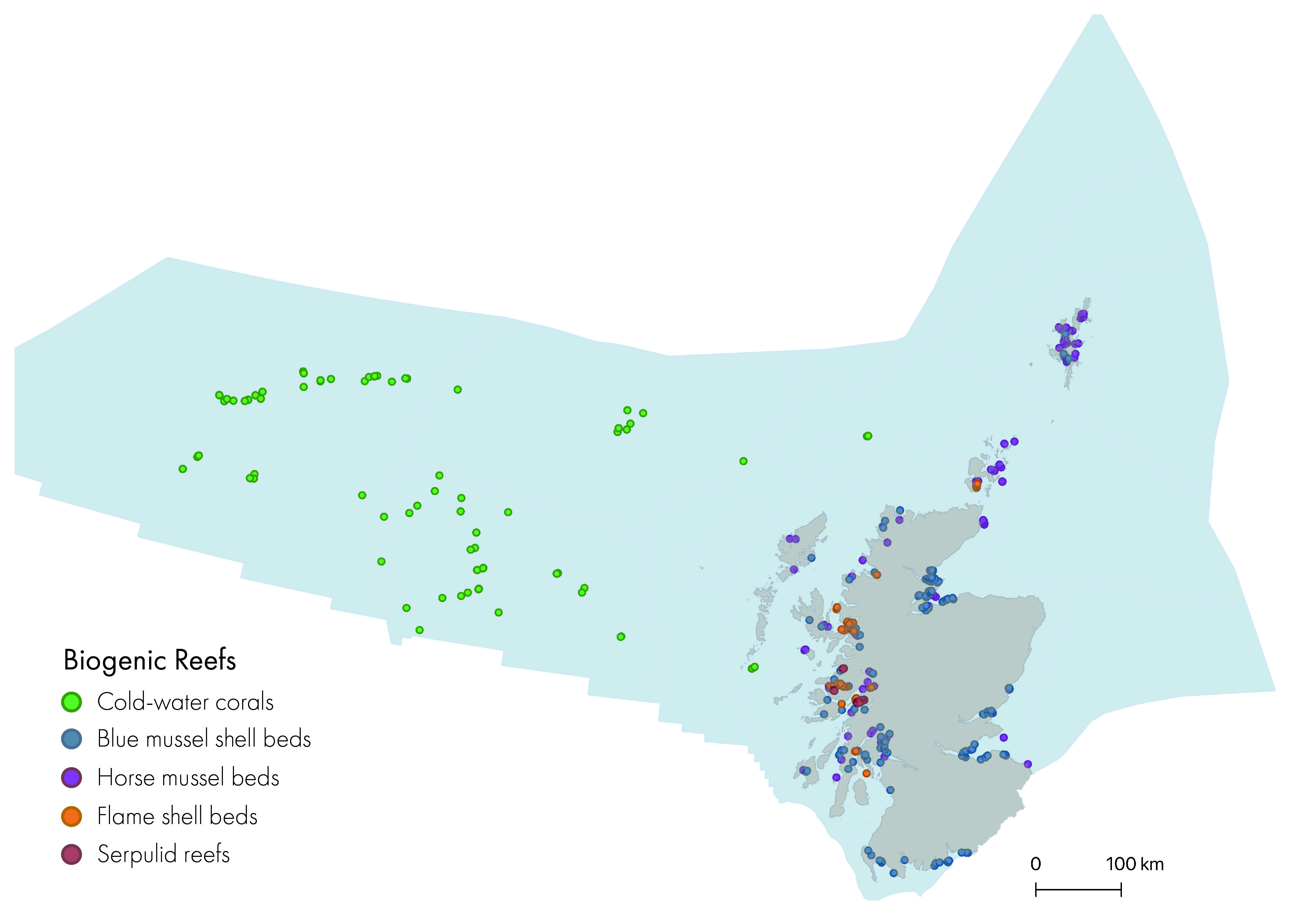 Map of Scotland and Scotland's seas showing points where records of biogenic reefs (cold-water corals, blue mussel beds, horse mussel beds, flame shell beds, serpulid reefs) have been observed in the Geodatabase of Marine features adjacent to Scotland (GeMS) (V9i25).