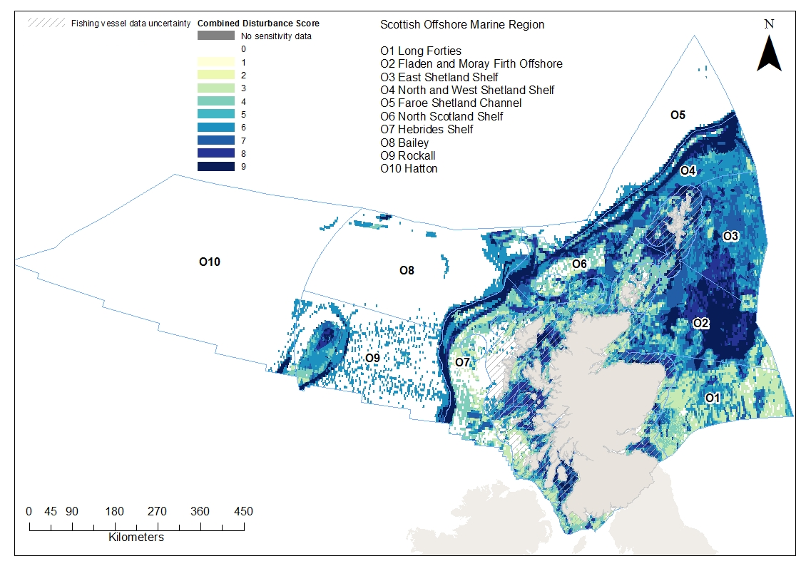Figure showing disturbance to Scotland's seafloor within Scotland's Extended Economic Zone, assessed through a disturbance scores 0 (no sensitivity data, shown in grey) - 9 (maximum disturbance, shown in navy).Figure shows greatest disturbance scores of 9 in Offshore regions of Fladen and Moray Firth. No data shown for Hatton region.