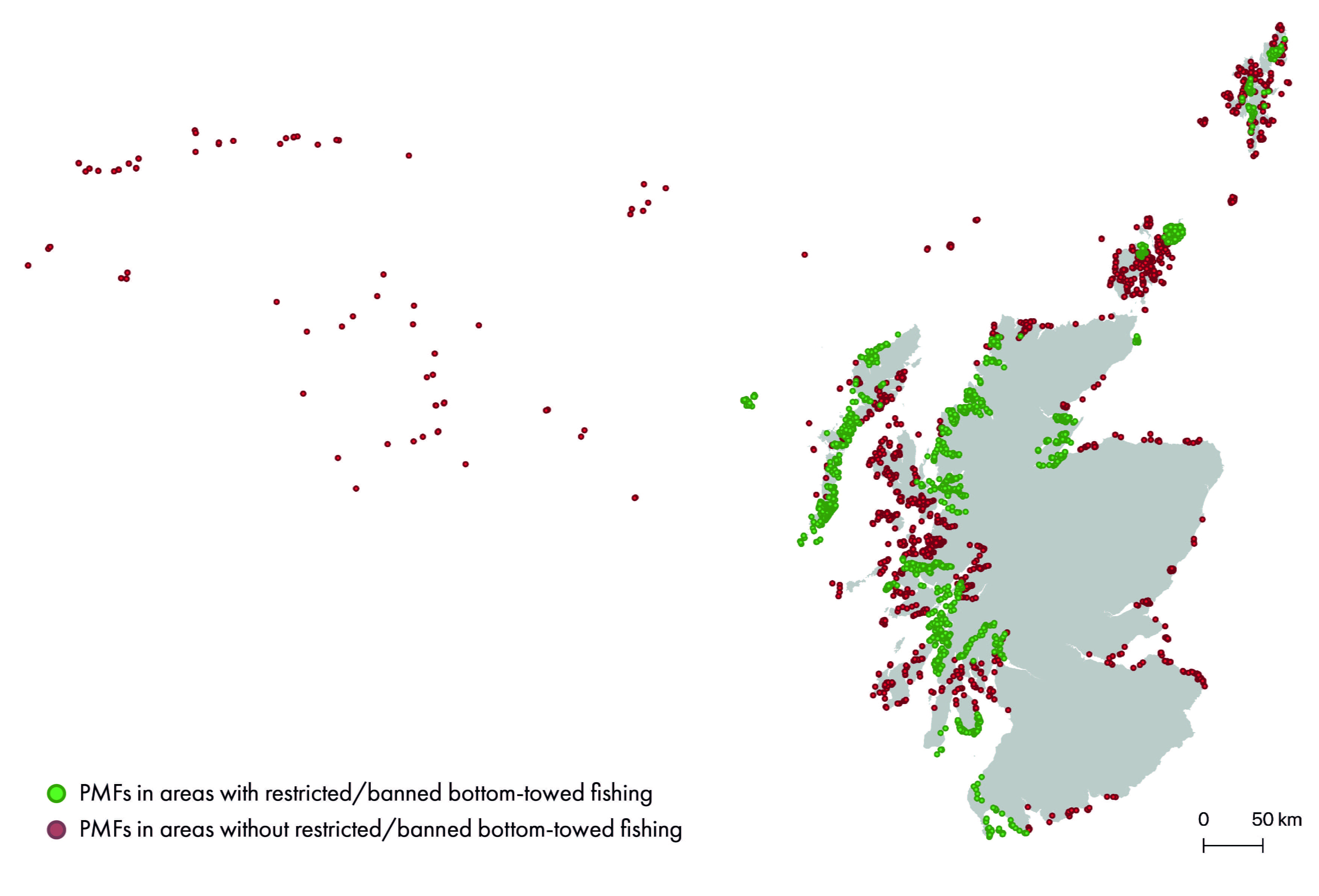 Map of Scotland's seas showing Priority Marine Features (PMFs) in areas where bottom-towed fishing is restricted in green, and in areas where trawling/dredging is not restricted in red. Alongside is an inset map, with a higher resolution showing the type of PMFs which are not in region with restrictions/bans on bottom-towed fishing - indicating that a high proportion of kelp beds are in regions without restrictions on bottom-towed fishing.