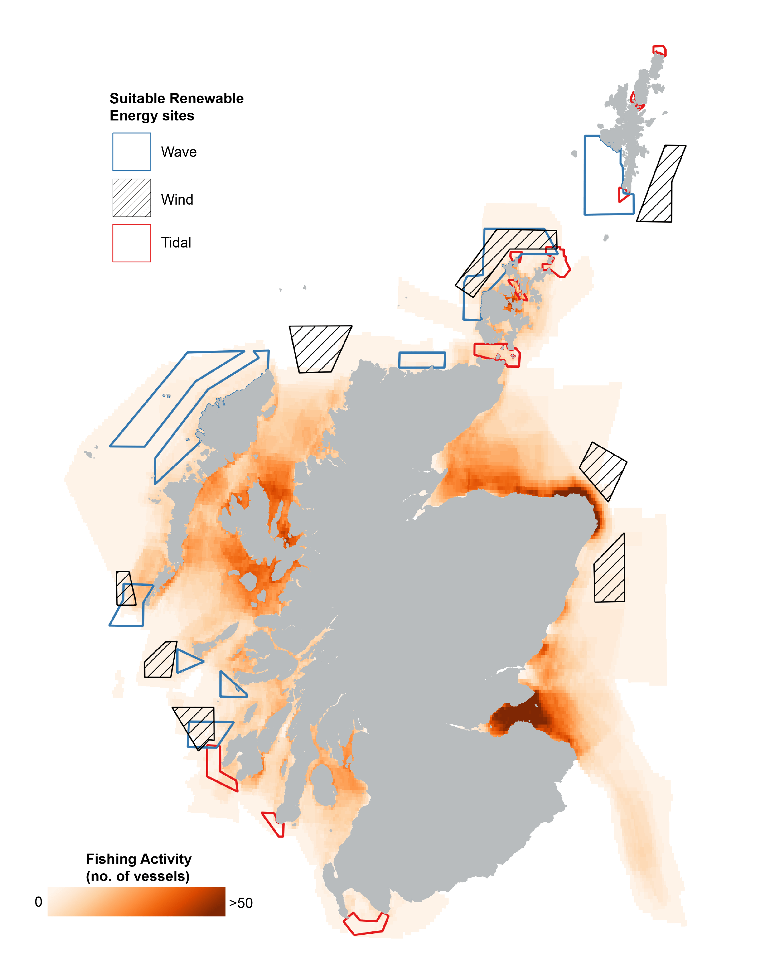 Location of suitable marine renewable energy sites and inshore fishing activity
